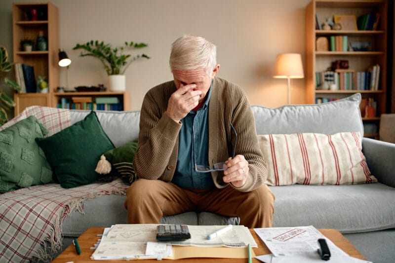 An older man sits on his couch looking stressed as he reviews bills and paperwork.
