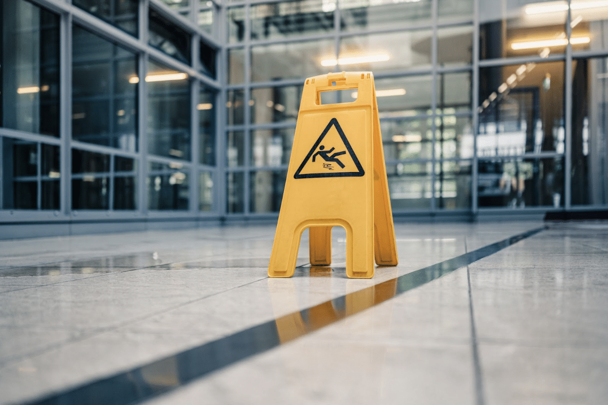 A wet surface sign in an atrium of an office building.