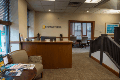 Reception area at Stewart Bell, PLLC law office in West Virginia.